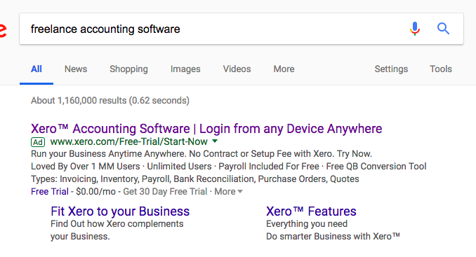 A screenshot of a search for "freelance accounting software" and the ad that appears at the top of the results.