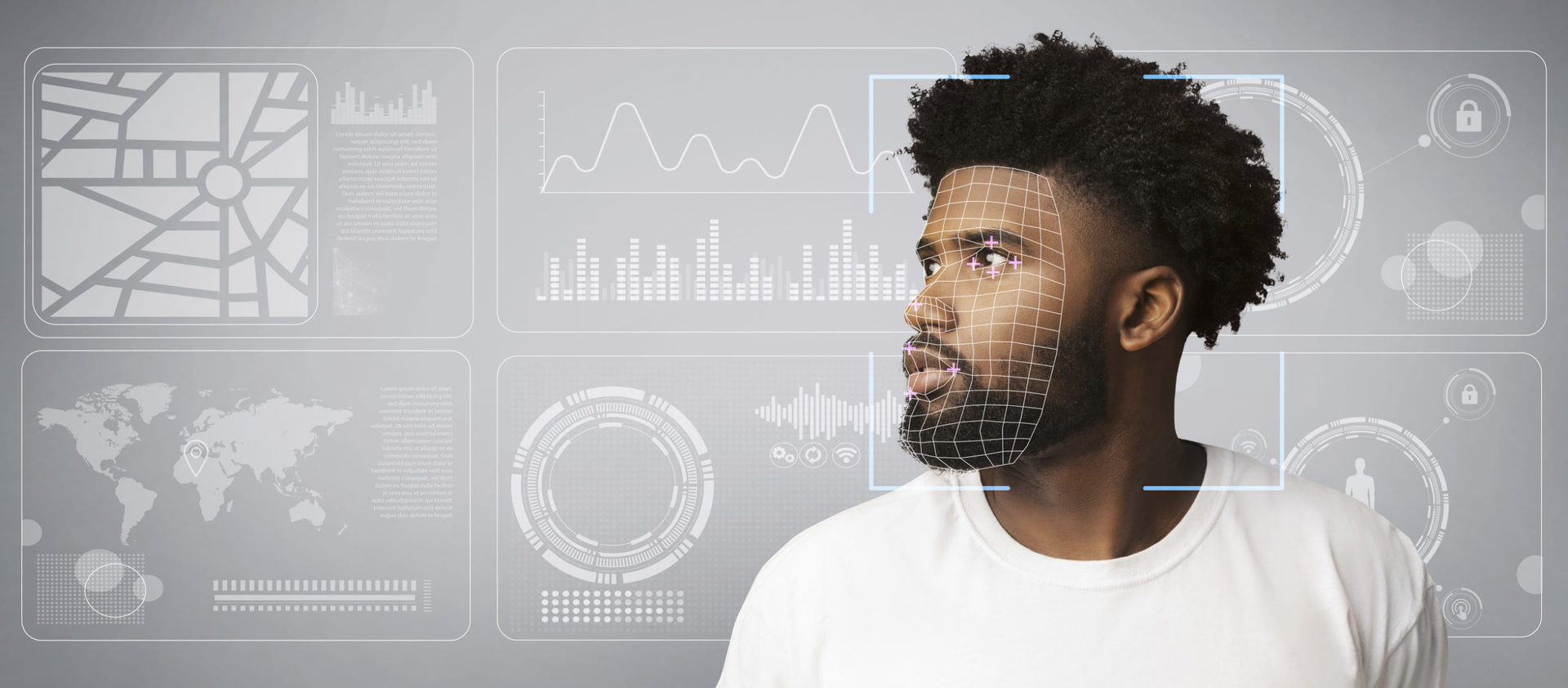 Illustration of a computer tracking the identity of a man