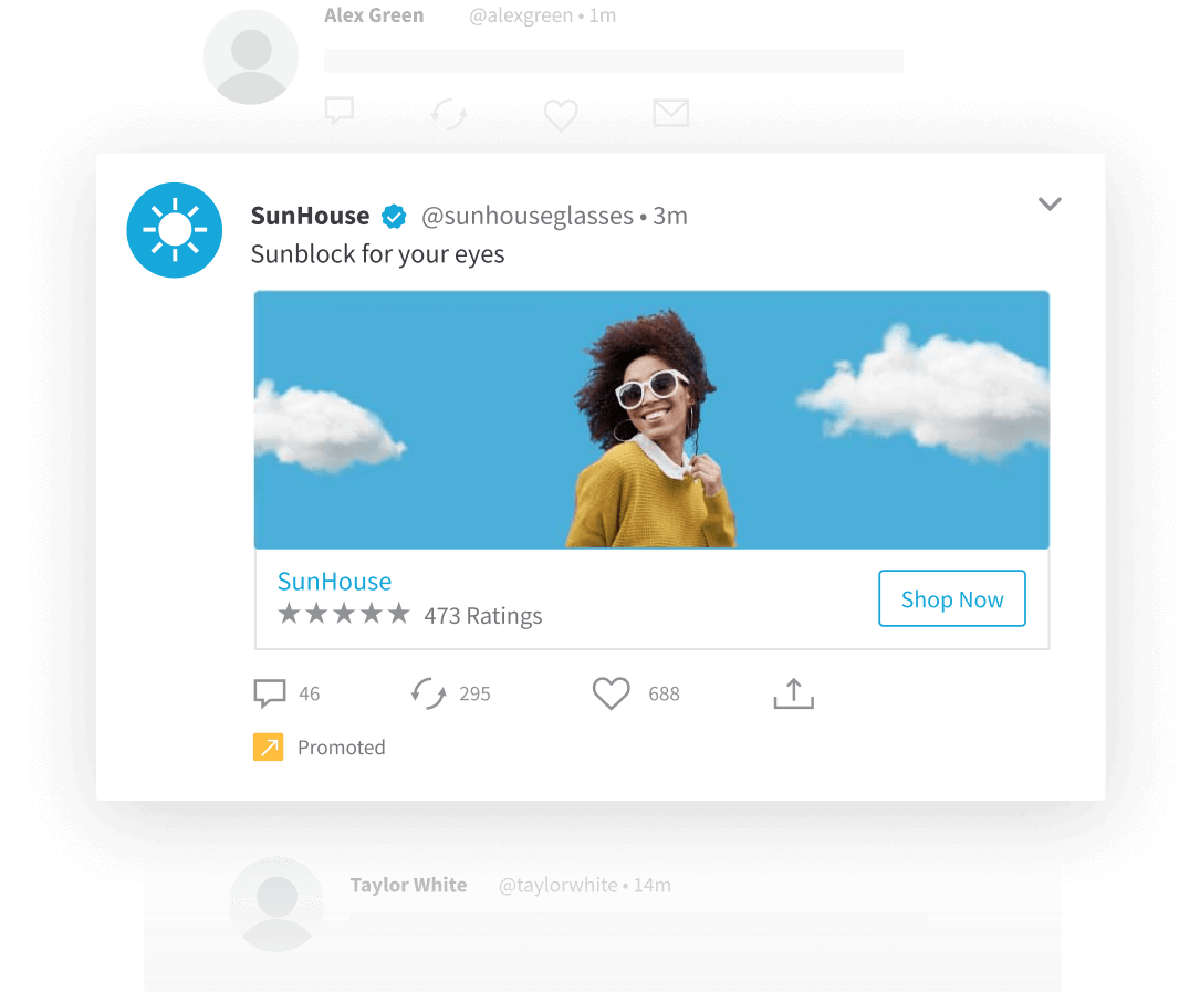 ad of a woman in sunglasses and a shop now button