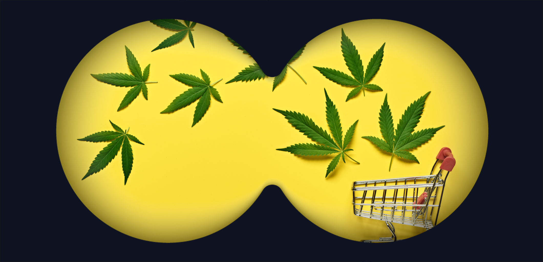 Through binocular lenses, cannabis leaves floating into a shopping cart