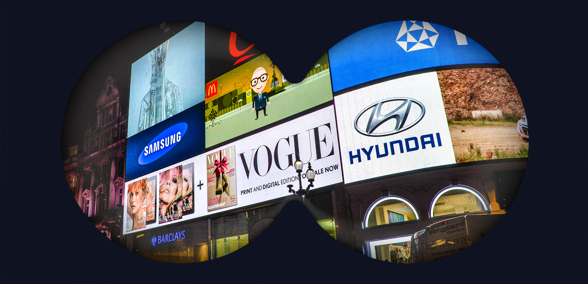 Through a binocular overlay, image of DOOH advertisements