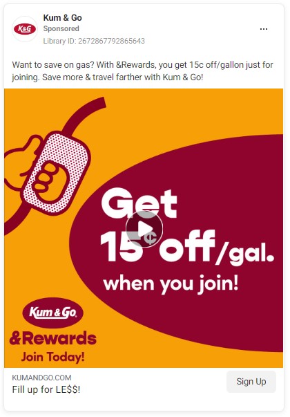 A social media ad with video promoting a convenience store's loyalty program.