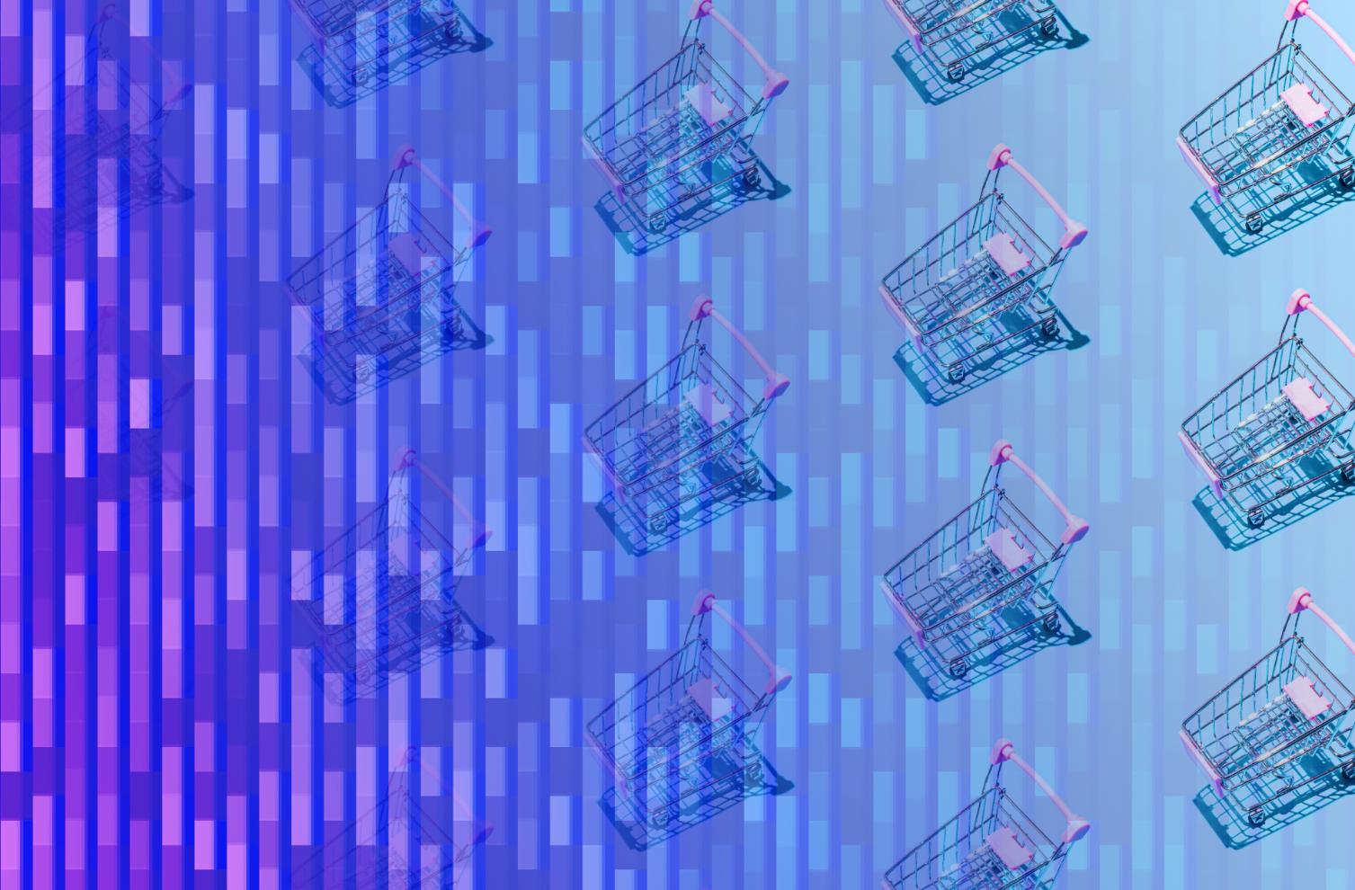 An image of repeating shopping carts arranged in a series. The shopping carts on the left are partially obscured by vertical lines, gradually transitioning into focus from left to right.