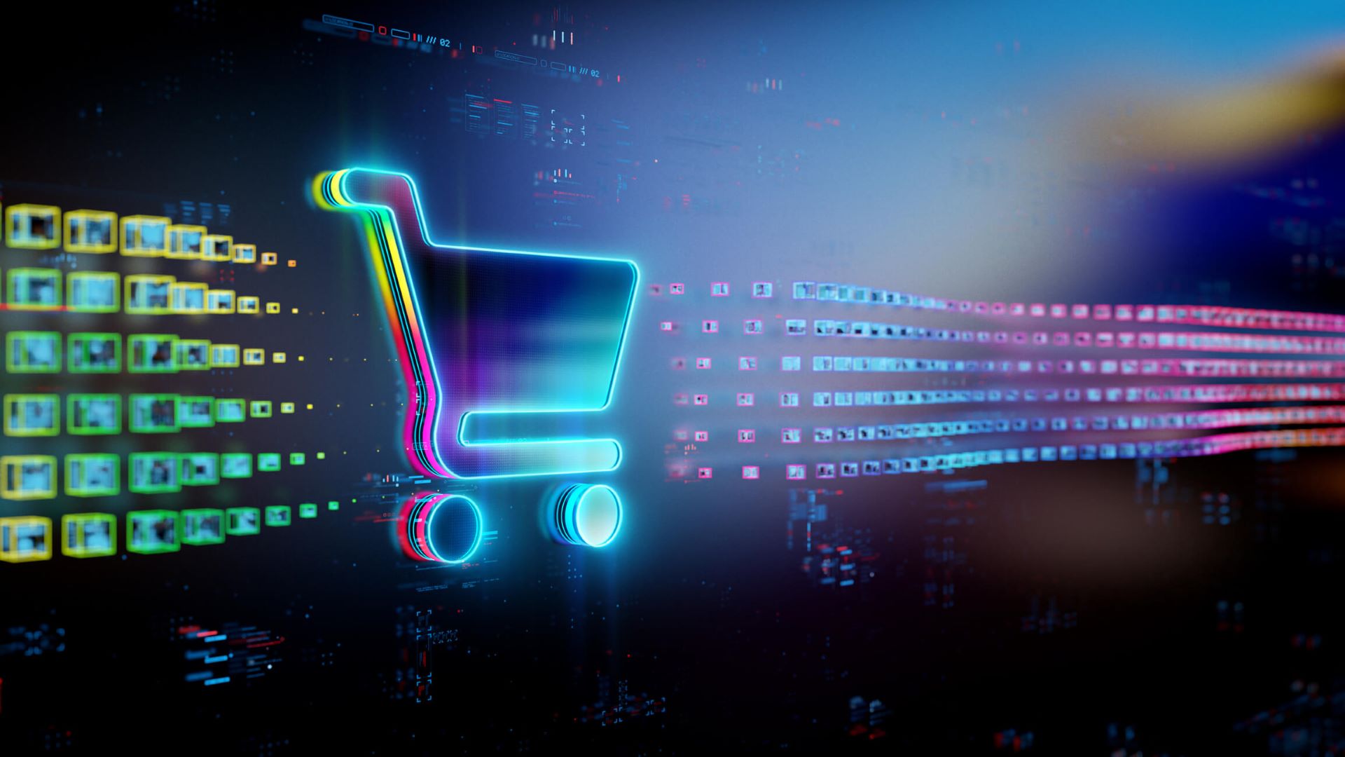 An image showing a neon shopping cart moving through an abstract representation of the internet.