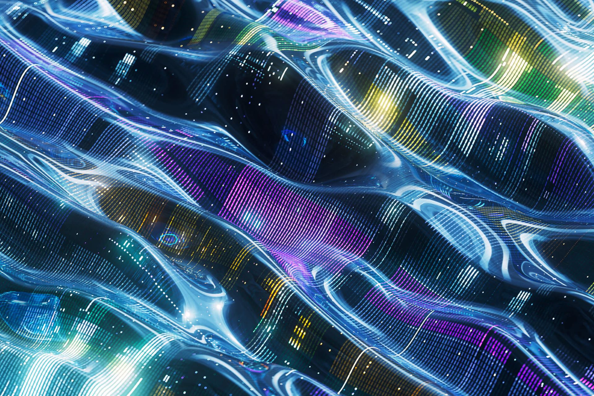 An abstract image showing artificial intelligence and data processing in a wave-like structure