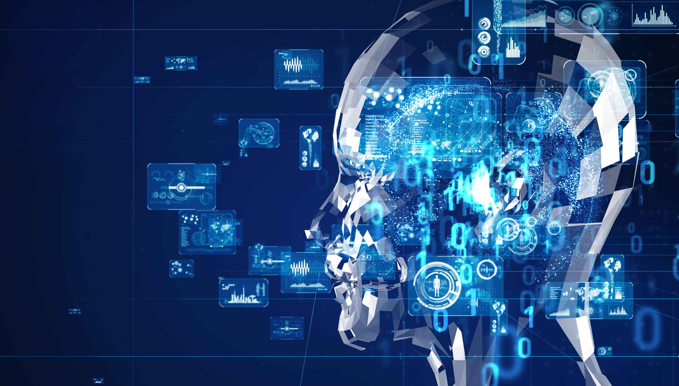 Artificial intelligence conceptual image with technology icons forming a human head and face