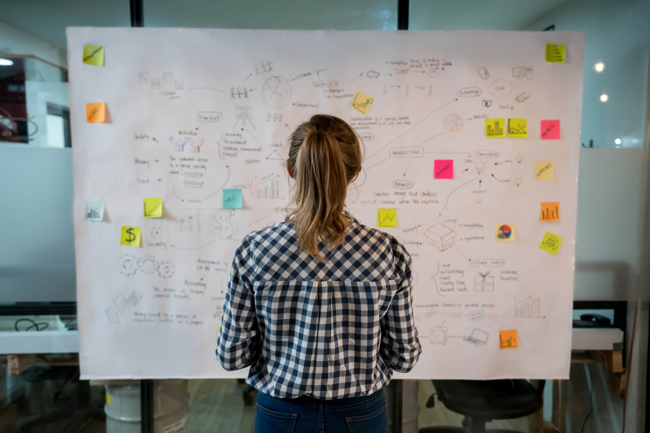 Woman strategizing in front of a white board