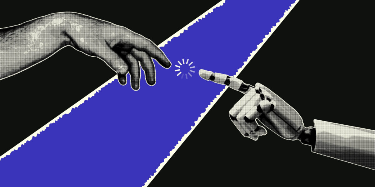 AI and human hand reaching out toward each other