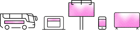 illustration of display ads on a bus, a billboard and screens