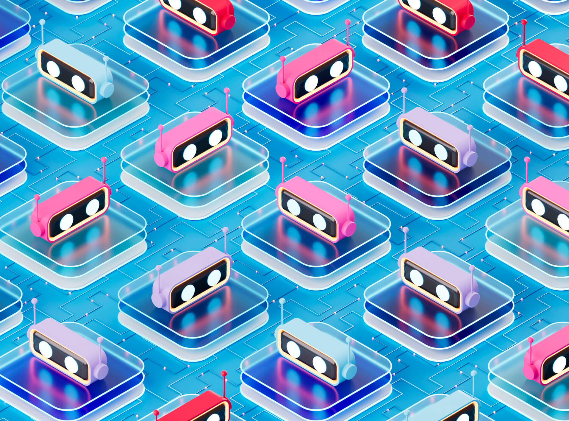 Illustration of many AI agents represented by small robot-like characters