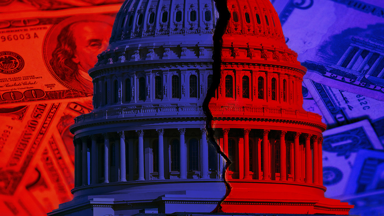 the us capital dome half red half blue, with dollar bills in the background