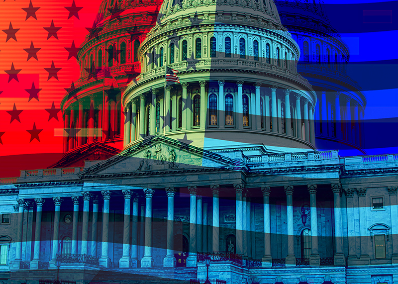 us capitol building with colors of the American flag