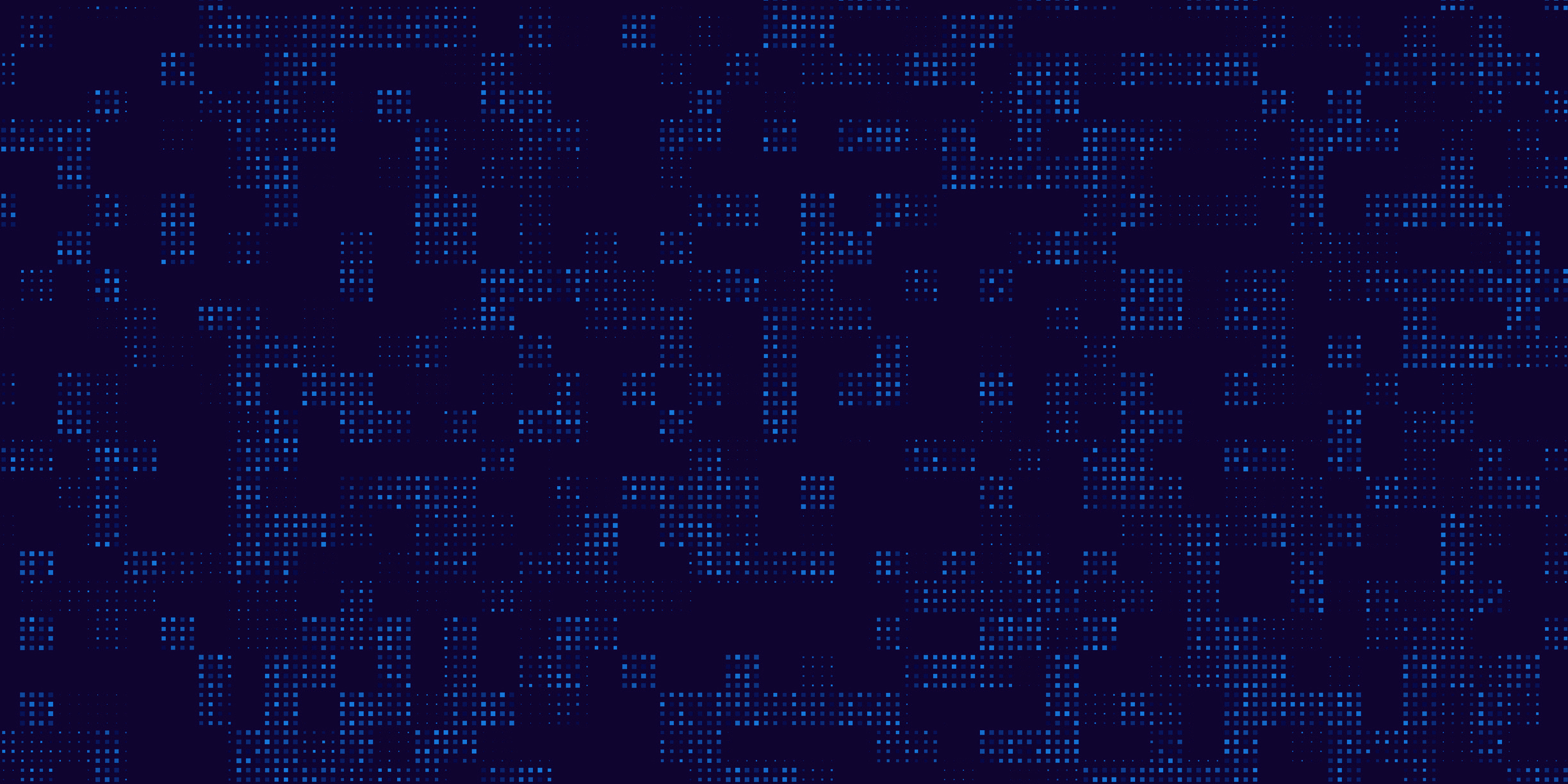 Abstract dark blue and purple background with scattered light blue pixel-like dots forming a digital pattern.