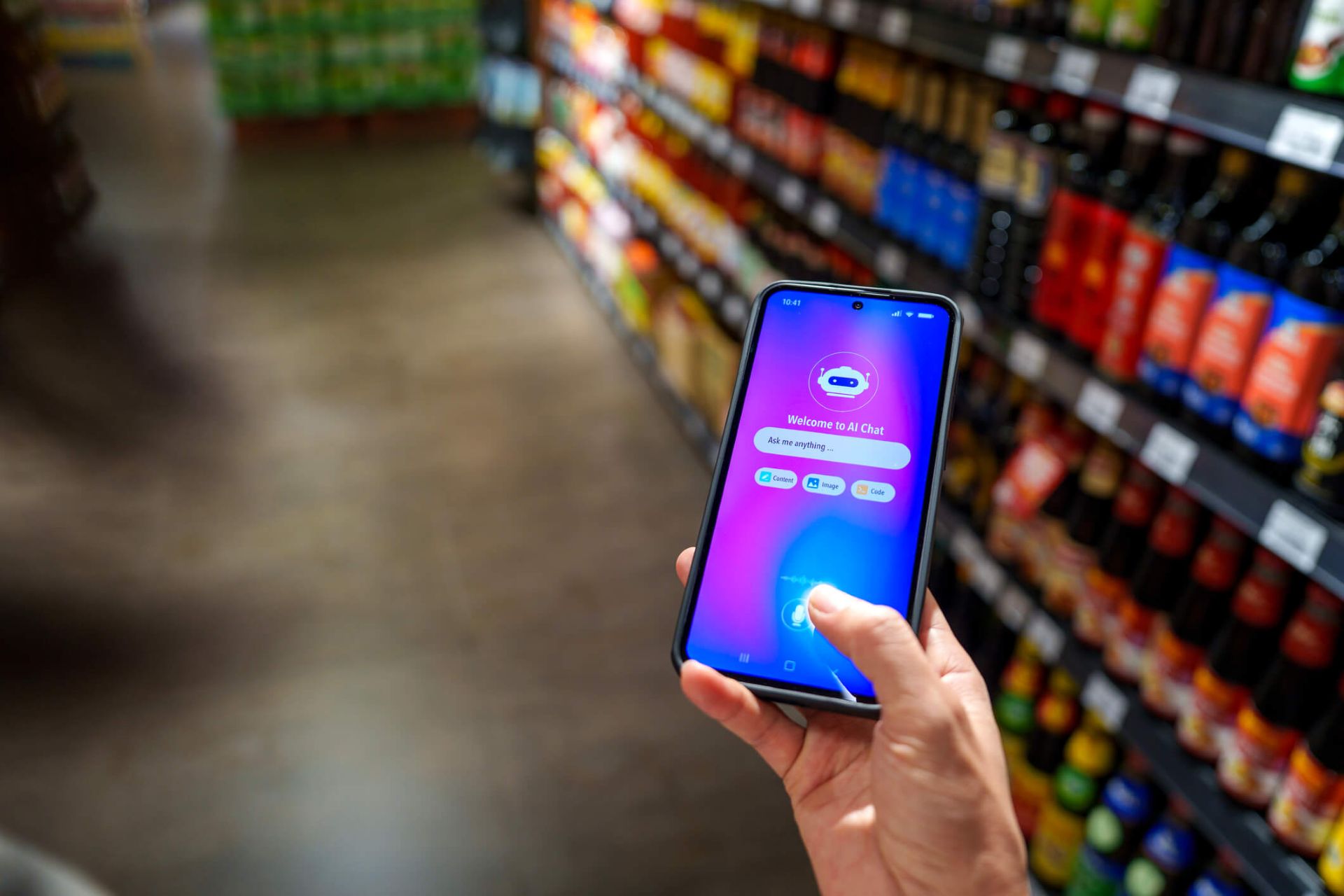 An image of a person using a phone while in a store as they pull up an AI search tool to look something up